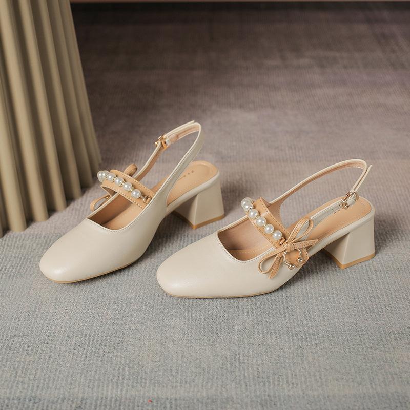 

Красивые туфли Мэри Джейн 5 см для девочек, фея, жемчуг, маленький высокий каблук, толстый каблук, бант, сандалии из мягкой кожи 40