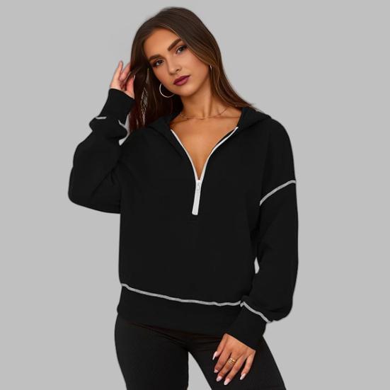 Women Short Sweatshirt Solid Color Long Sleeve Pullover Hooded Sweatshirt Loose Fit Zipper Half Placket Tops