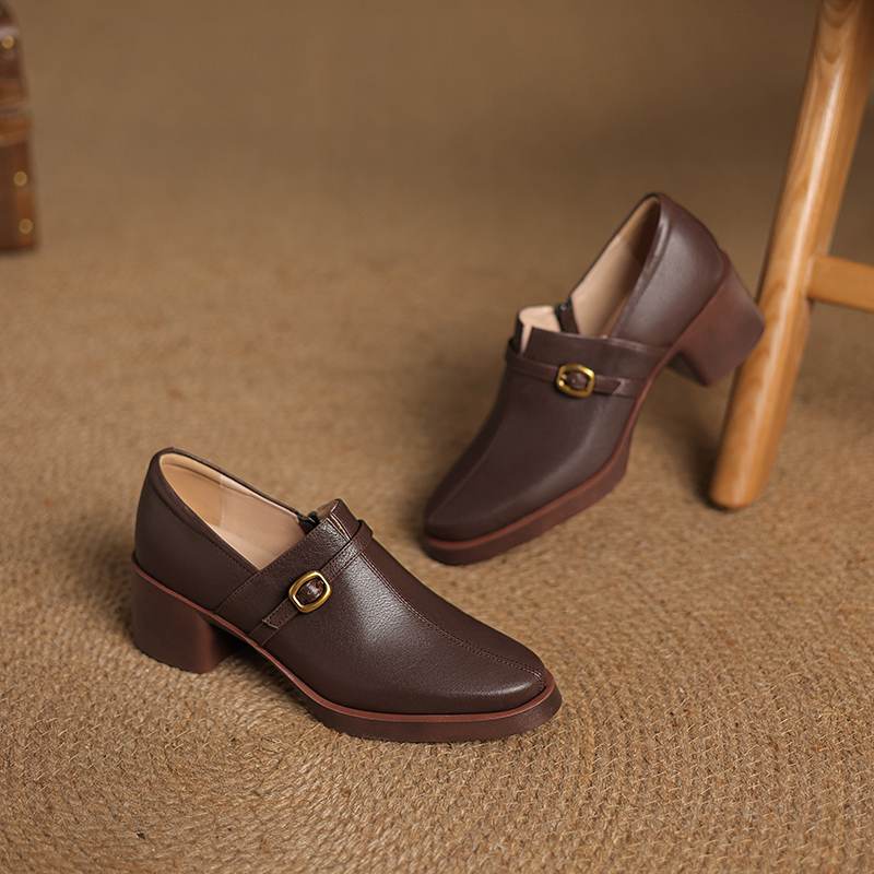 Krazing Pot Cow Skin Autumn Winter Shoes Chunky Heels Size 43 Size 42 Round Toe Zipper Deep Mouth Retro Fashion Pumps