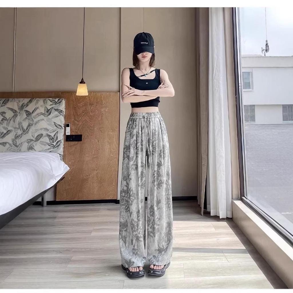 Women's Retro French Print Wide-Leg Ice Silk Pants - Flaw-Covering, Slimming, Thin & Loose Casual Drape Style