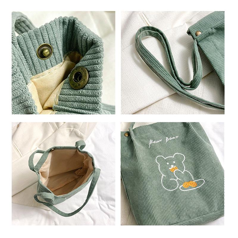 Women Corduroy Shoulder Bags Bear Pattern Ladies Casual Handbag Reusable Large Capacity Tote Bags Casual Female Shopping Bags