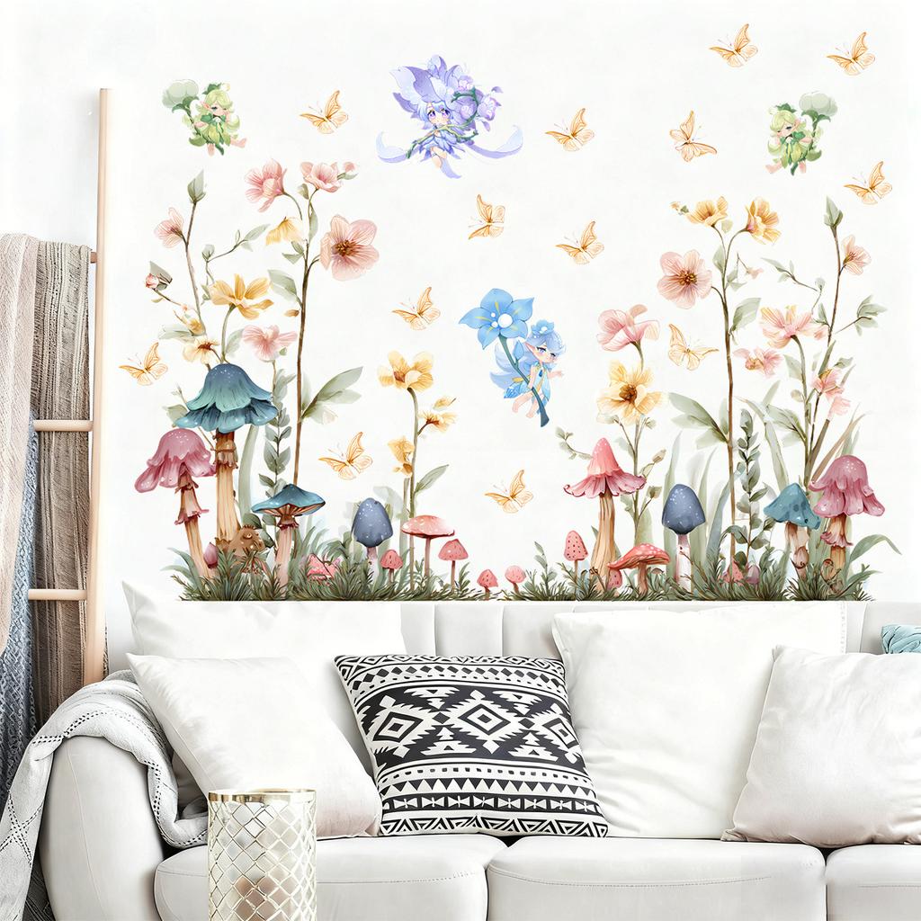Creative Watercolor Floral Butterfly Fairy Wall Sticker for Living Room and Bedroom Background Decoration