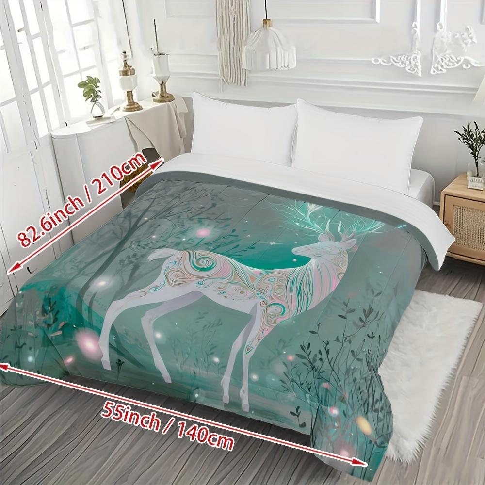 1pc Luxury Winter Forest Deer Quilt - Turquoise Green & White All-Season Bedspread, Ultra-Soft Breathable Comforter with Deer