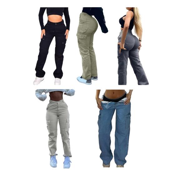 Women Cargo Pants Multi Pockets High Waist Solid Color Soft Butt-lifted Breathable Button