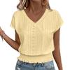 Women Tops V-Neck Short Sleeve Jacquard Decoration Pullover Tops Solid Color Loose Fit Elastic Hem T-shirt