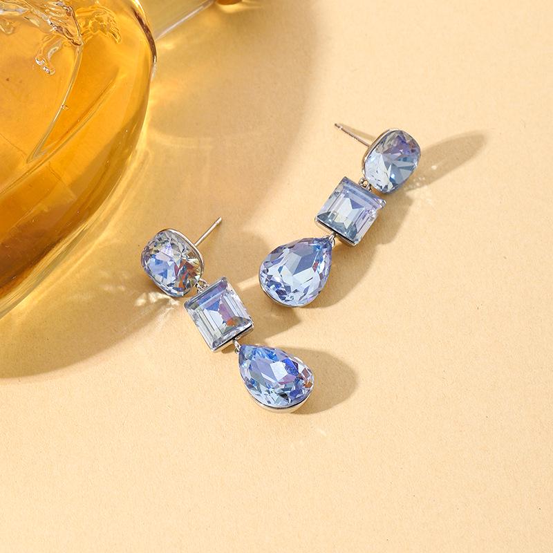 Niche Gradient Sea Blue Multi-Faceted Gemstone Earrings - Round, Square, Water Drop Design with a High-End Feel.