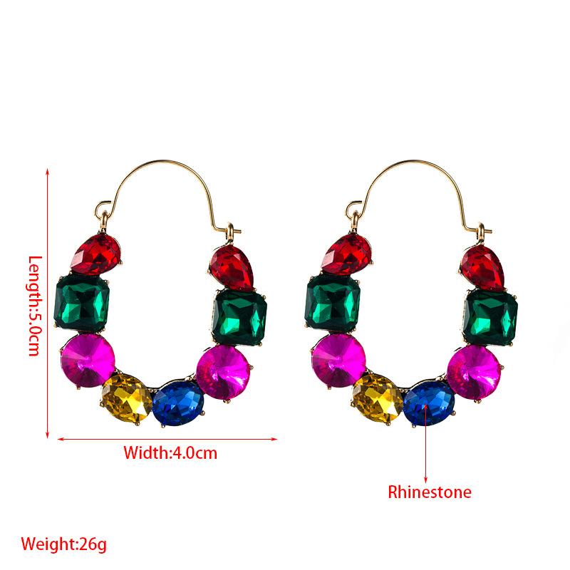Women Hoop Earrings Exaggerate Geometric Alloy Inlaid Color Rhinestone Temperament Super Flash Full Crystal Small Earrings