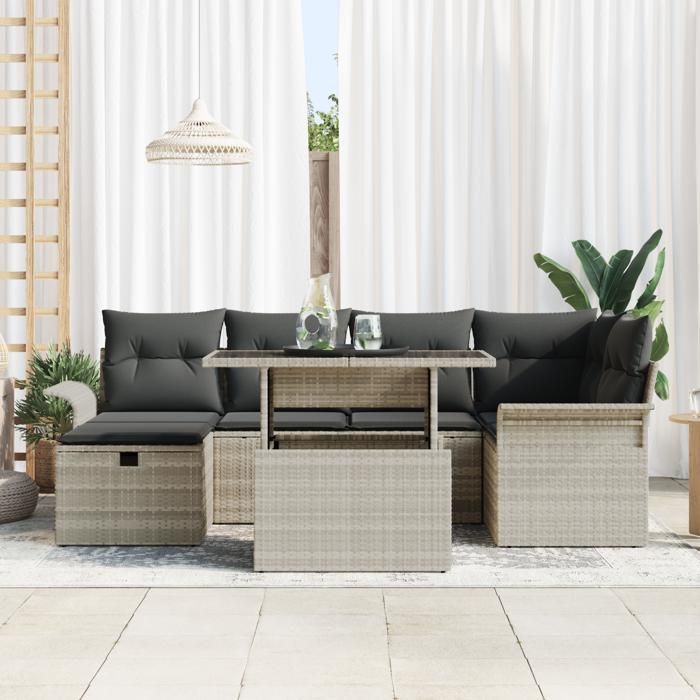 Ensemble de Canapés de Jardin 7 pièces avec Coussins Gris Clair en Poly Rattan, Canapé de Jardin 2 places avec Rangement &amp; 3361011