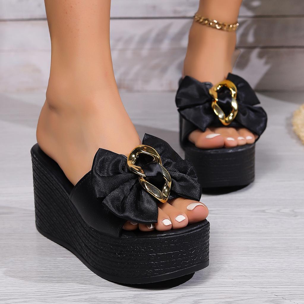 Personality Slippers, Women's Wedge Heel Bow Summer Slippers, Comfortable and Elegant, Thick-soled Women's Shoes, Large Size