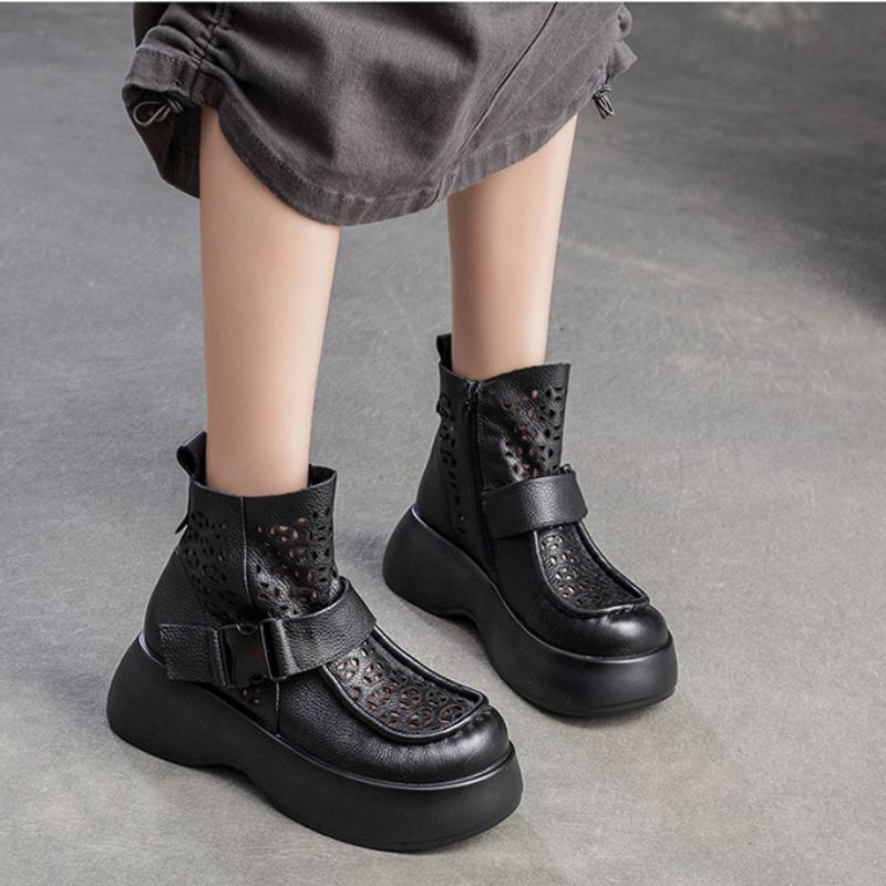 Johnature Breathable Hollow-out Boots Genuine Leather Lightweight Platform Sandals Thick Sole Women's Shoes