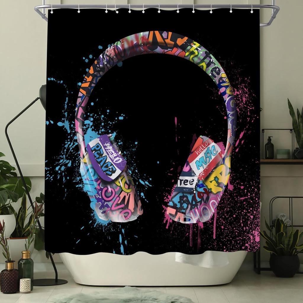 music shower curtain graffiti dj music headphones boy shower curtain 180x 180cm polyester fabric bathroom decoration