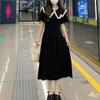 Vintage Peter Pan Collar Spliced Dresses Summer French Style Short Sleeve Women's Elegant A-Line Waist Basic Midi Dress