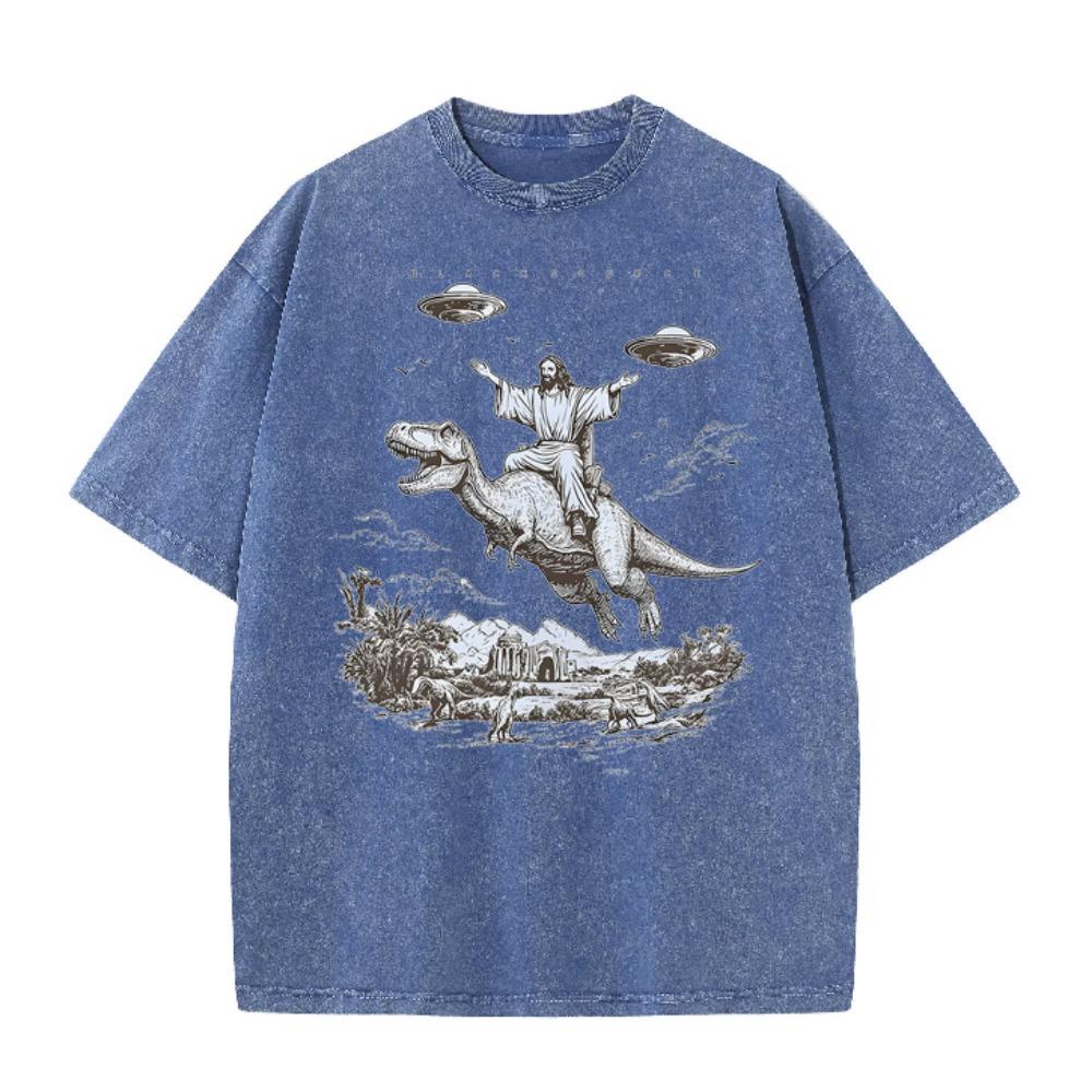 Vintage Washed Distressed T Shirt Cartoon Dinosaur Print Unisex Short Sleeve Tee Streetwear Student Vacation Tops