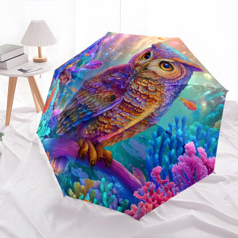 Flower Owl pattern, automatic folding umbrella, portable and foldable design, 8 ribs, a Christmas or birthday gift.