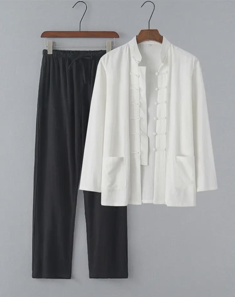 Chinese Style Summer Linen Tang Suit: Men's Retro Hanfu Long-Sleeved Jacket for Middle-Aged and Elderly