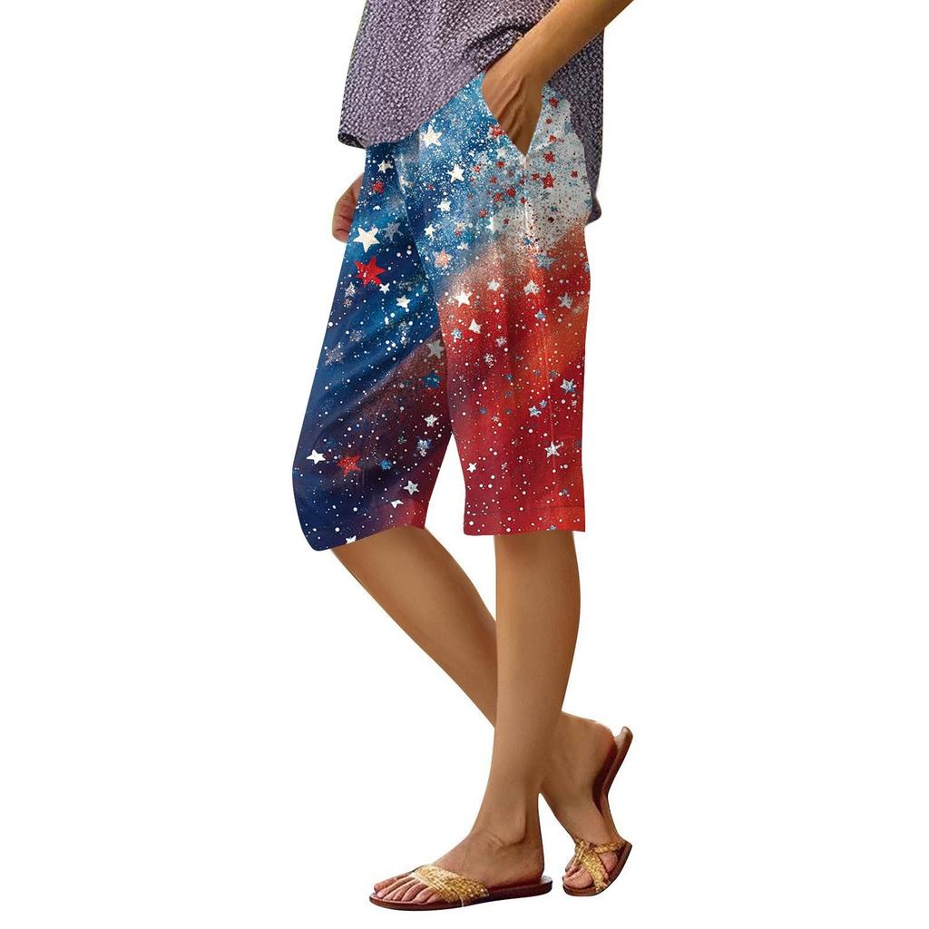 Damen-Shorts mit Druck, modische Tasche, elastische Taille, lässige Shorts