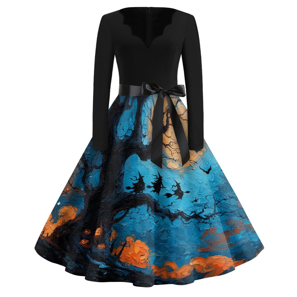 Women's Casual Vintage V Neck Dress with Long Sleeves Halloween Print Full Skirt Midi Dress with Waist Tie for Everyday Wear
