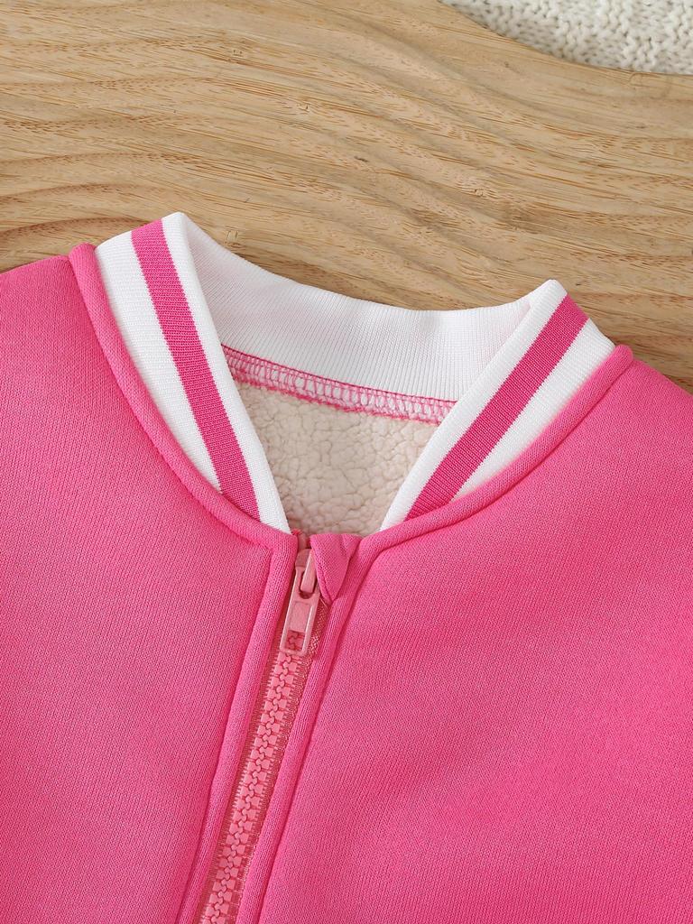 Single-piece girl's versatile and cute style fleece-lined stand collar long-sleeved zipper thick pink jacket top for spring, autumn and winter.