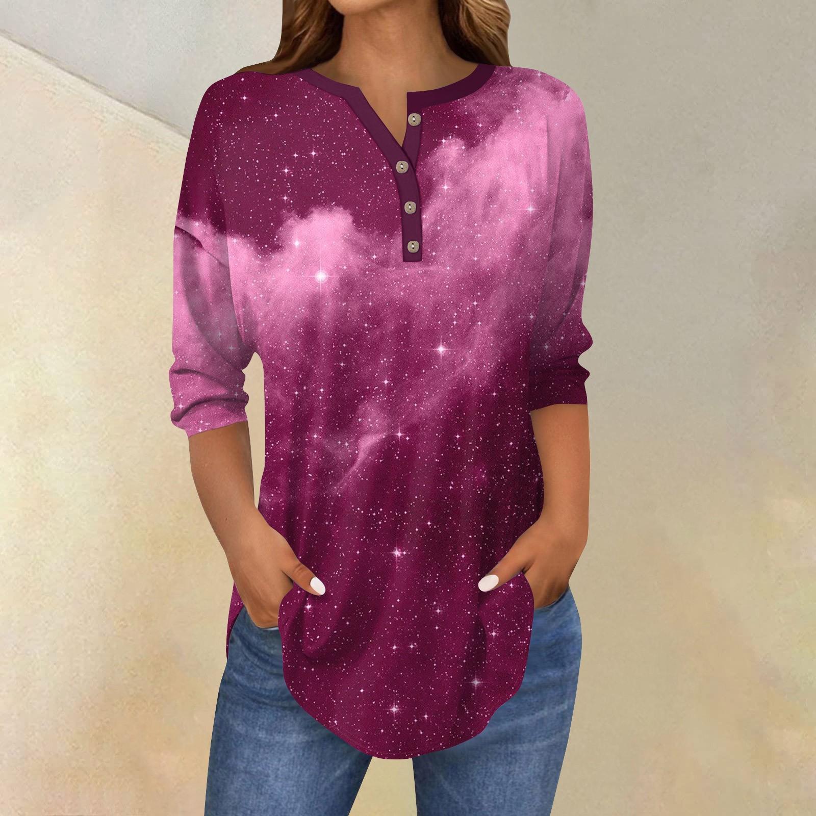 

Женский повседневный топ с рукавами 3/4 и принтом пайеток на пуговицах S