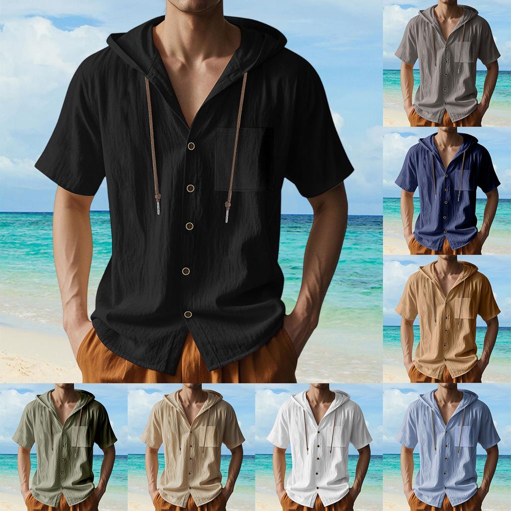 Men's Linen Quick-Dry Hoodie Shirts  Summer Casual Loose Breathable Button-Down Short Sleeve Hoodies