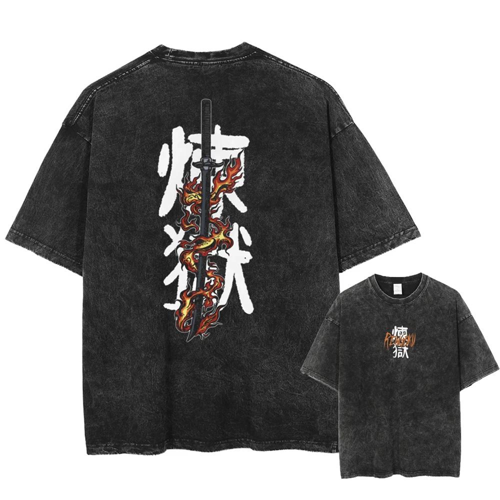 Fashion Anime Demon Slayer Rengoku Kyoujurou Men Washed Vintage T-shirt Summer Short Sleeve Cotton Casual Top Tee