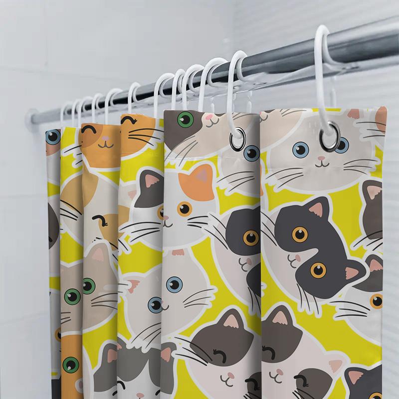 Bright Yellow Shower Curtain With Cat Design Polyester Fabric For Bathroom Decor Modern Home Decoration Gift Idea Multicolored W