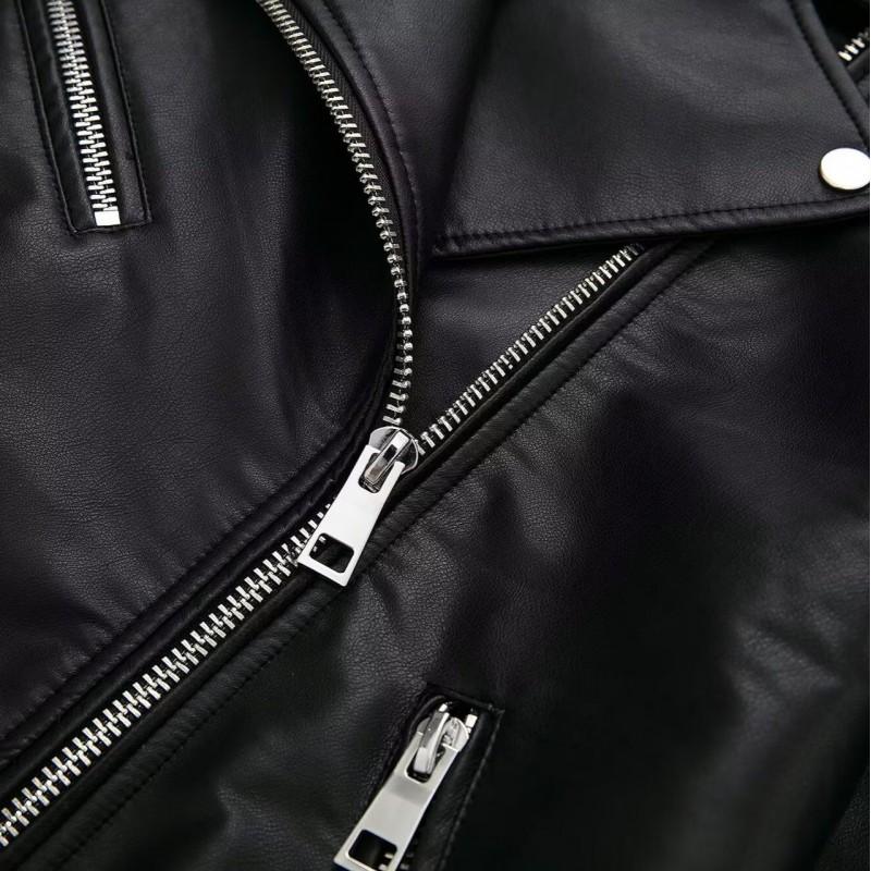 Womens Faux Leather Jacket Lapel Loose Fit Casual Style Black Outerwear
