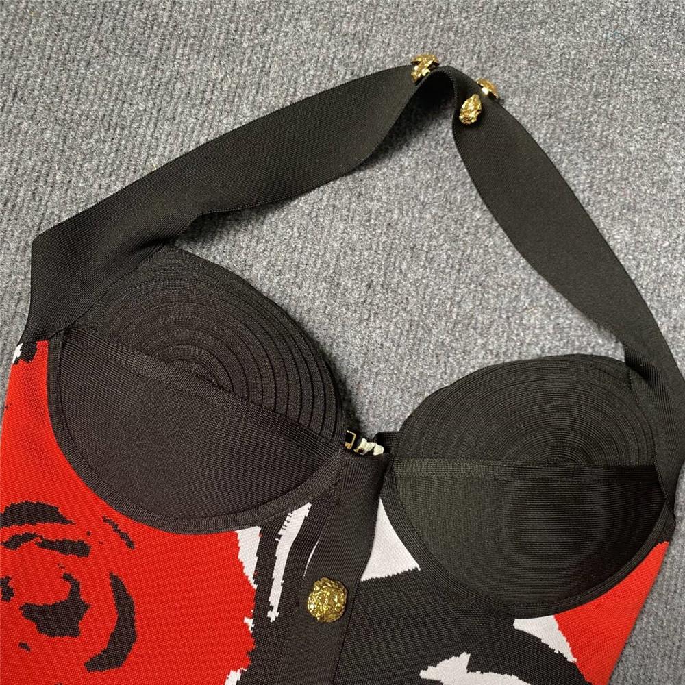 2024 Rose Jacquard Bandage Skirt: Sexy Halter Neck Dress with Gold Buttons