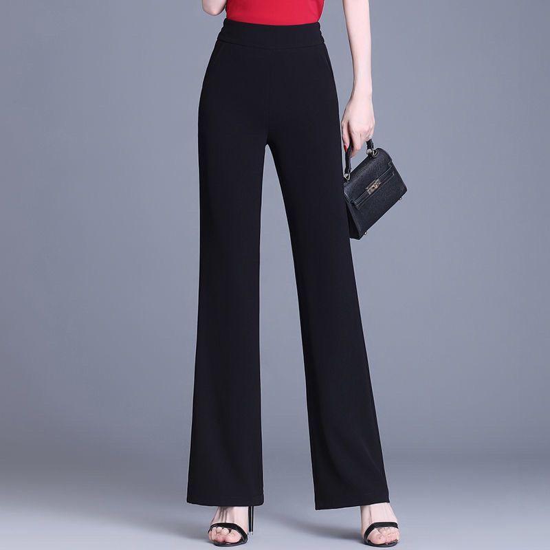 Simplicity Office Lady Summer Pants Women Solid Color Elastic Waist Pockets High Waist Fashion Slim Straight Casual Flare Pants