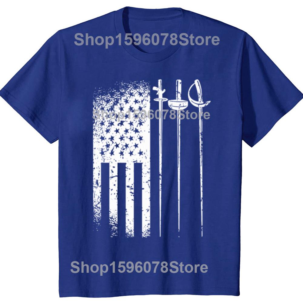 Funny American Fencing USA Flag Fencer T Shirts Men Pure Cotton Humor Streetwear Tee Shirt Short Sleeve Unisex Loose Clothing