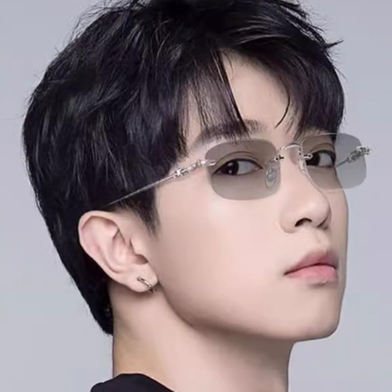 Korean Rimless Photochromic Sunglasses with Polarized Lenses and UV Protection [88flix] Color-Changing (Silver)