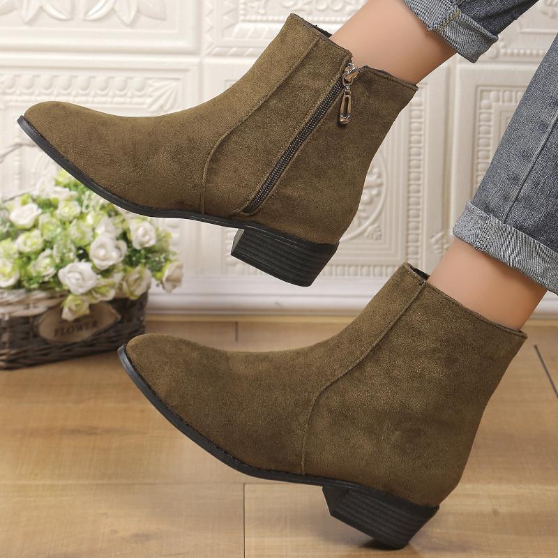 Fashion Women's Fashion Thick Heel Boots Autumn Winter New Round Head Thick Sole Non-slip Short Boots Size Zipper Suede Short Booties