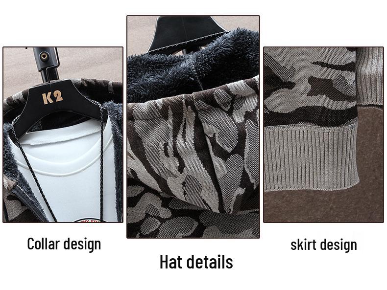 Men's Korean Style Camouflage Velvet Hoodie - Casual Autumn/Winter Knitwear