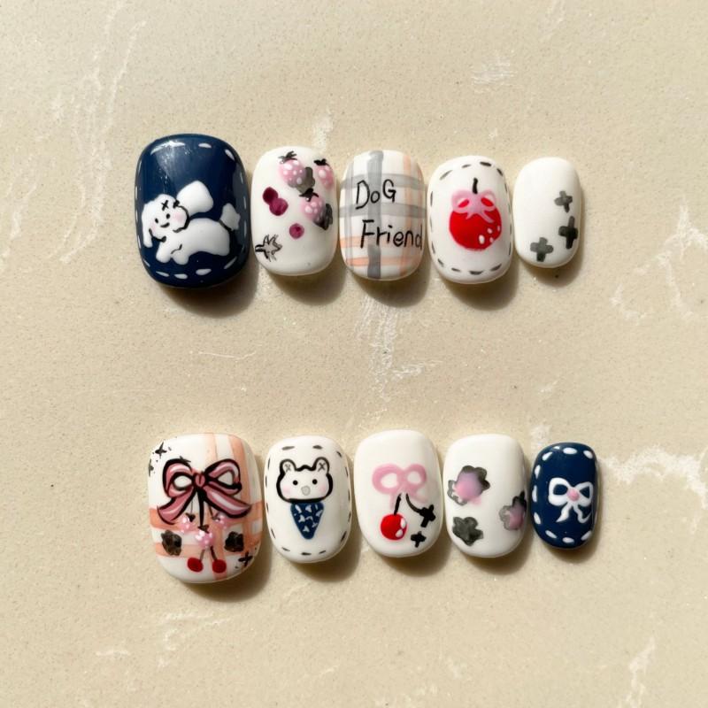 Hand-Painted Press-On Nails Short Square Cat Eye Design Cute Kawaii Style Wearable Nail Tips Women