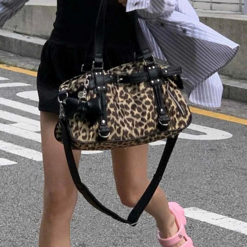 Harajuku Leopard Print Y2k Shoulder Bags Women Girls Nylon Cute Handbag Ladies Vintage Tote Underarm Bag Aesthetic