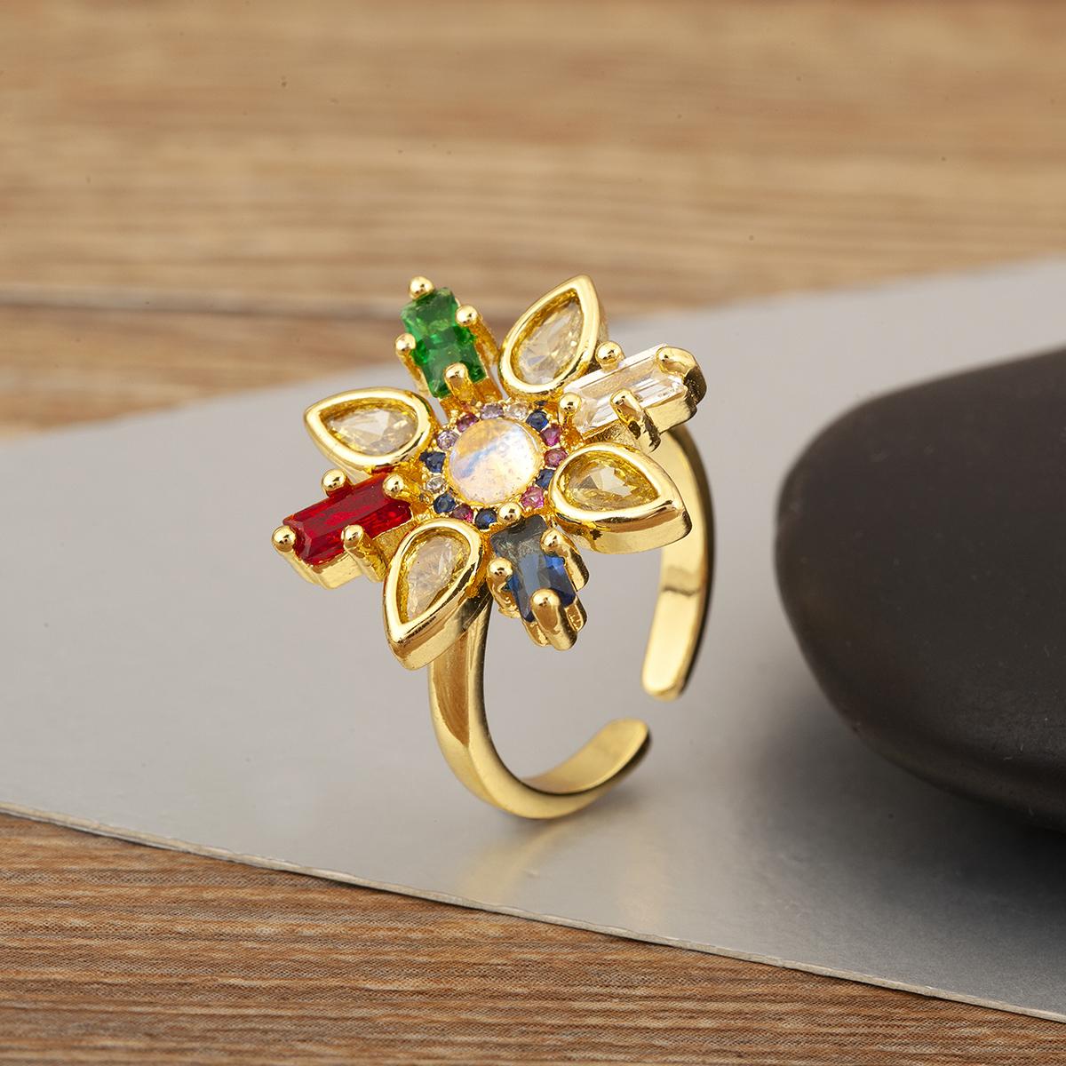 Nidin New Trendy Colored Waterdrop/Round Zircon Flower Shape Open Rings For Women Wedding Aesthetic Adjustable Finger Jewelry resizable