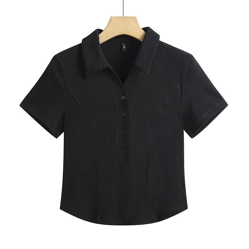 

Женский летний короткий топ с лацканами на пуговицах, эластичный, темпераментный, приталенный, с высокой талией, с рукавом до локтя XXS чёрный