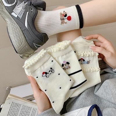 Puppy Socks, Women's Spring and Autumn Cotton Socks, Mid-calf Socks, Trendy and Breathable Cotton Socks, Cute Lace Bubble Opening Pile Socks