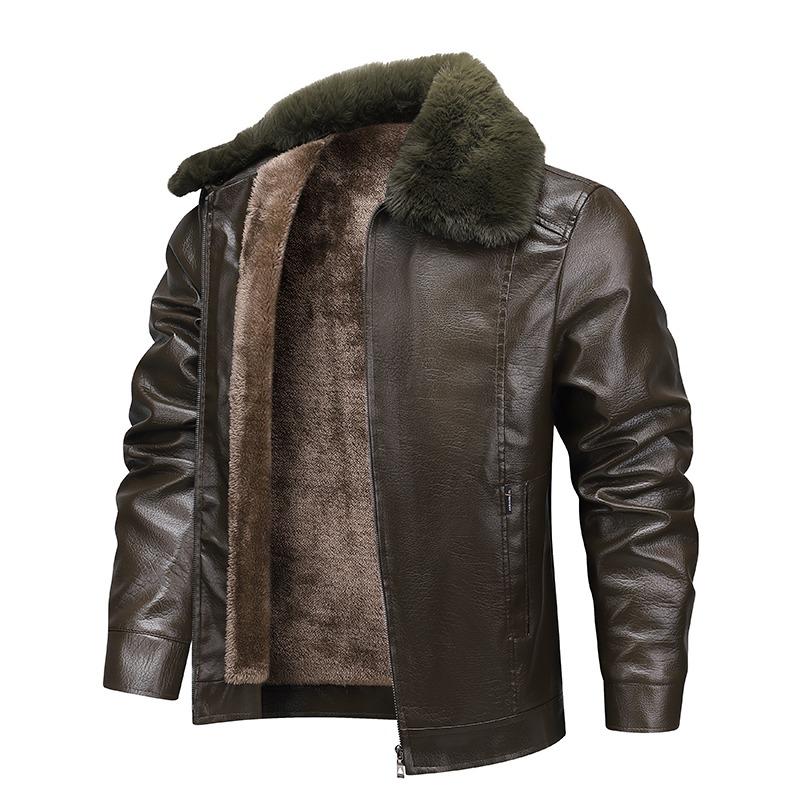 Autumn Winter Turn Down Fur Collar Fleece Lined PU Leather Jacket Men Casual Fashion Coat Warm Outwear Top