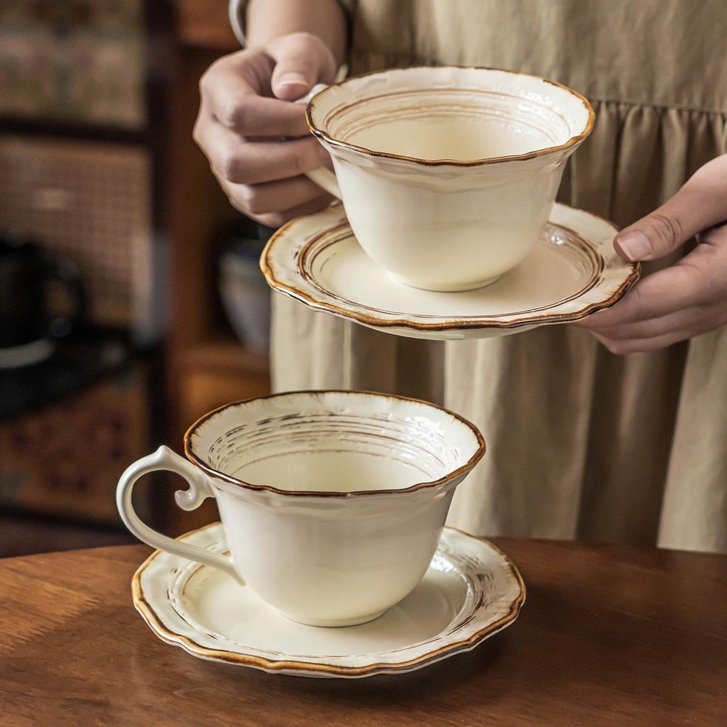 French Stroke Ceramic Cup And Saucer Set Retro Style Coffee Cup Saucer Tea Set High Value Breakfast Cup Dessert