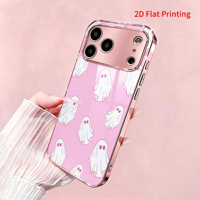 2DFlat electroplated tempered glass phone case,Cute Ghost Pattern on Pink Background,suitable for iPhone 18 Pro Max 17 16 15 14 13 12 11