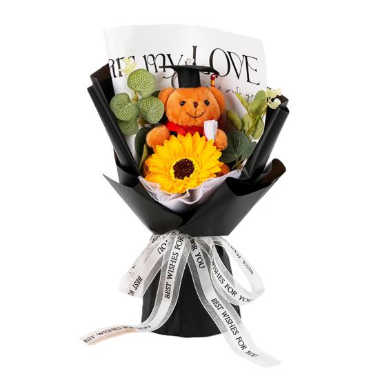 Studentgosedjurshjärte Virkad Solrosbukett Handstickad Garn Konstgjord Blomma med Studentgosedjur Dekoration Studentfest Presenter