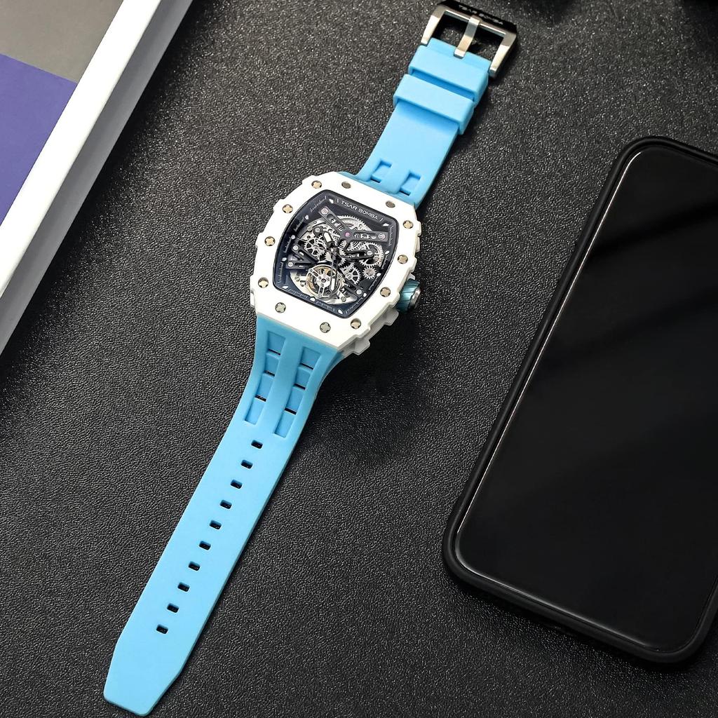 TSAR BOMBA Skeleton Mechanical Automatic Watch with Ceramic Japanese Tonneau FKM 50M Water and Luminous Design for and Casual Men's Movement, Strap,