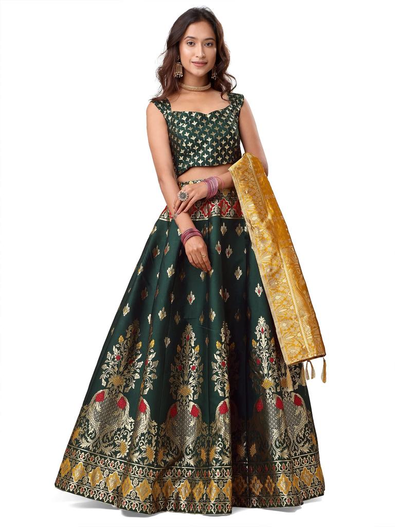 Purvaja Women'S Jacquard Semi-Stitched Lehenga Choli (Indra-D-Green_Green_Free Size)