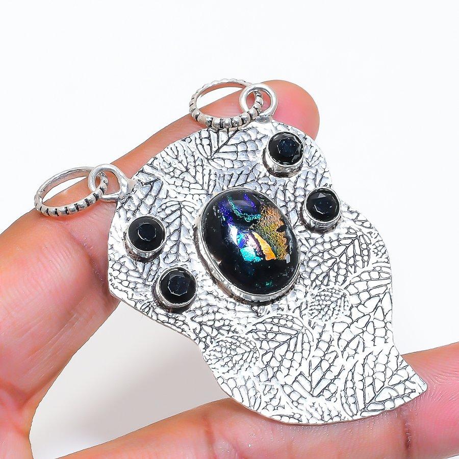 Natural Dichroic Glass, Spinel 925 Sterling Silver Jewelry Pendant 2.48" ZS-554