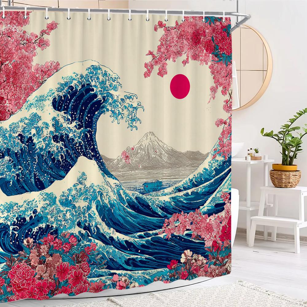 Japanese Mount Fuji wave style Shower Curtain,plum blossom Shower Curtain,Printed polyester fabric Bathroom Decoration Curtain