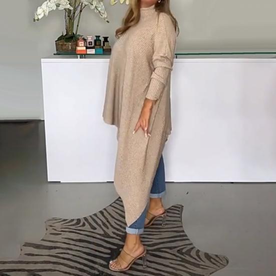 Women Tops High Collar Long Sleeve Solid Color Irregular Hem Pullover Tops Loose