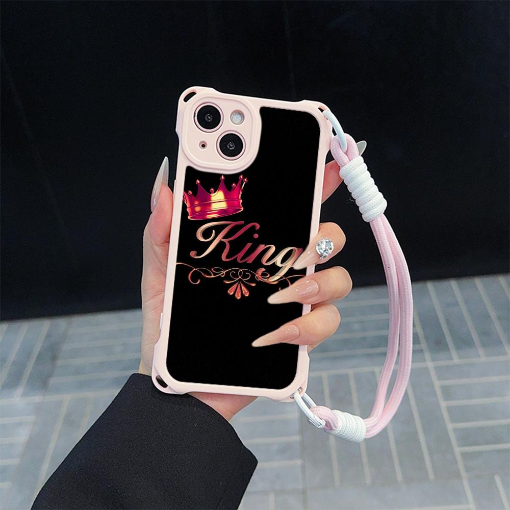 Ae84 King Queen Couple Art Soft Phone Cases for iPhone 16 15 14 13 12 11 Pro Max 8 7 Plus XR XS with Wrist Strap Lanyard Corner Protection Back Cover