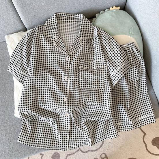 2-teiliges Damen-Pyjama-Set Herzstreifen Kurzarm Knopfleiste Elastischer Bund Lockere kurze Hose Sommer Nachtwäsche Loungewear