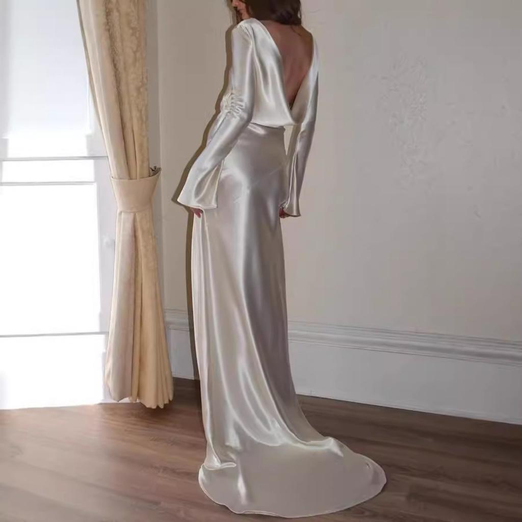 Women's Sexy Backless Mermaid Maxi Dress, Solid Color Round Neck Slim Fit Evening Gown for European American